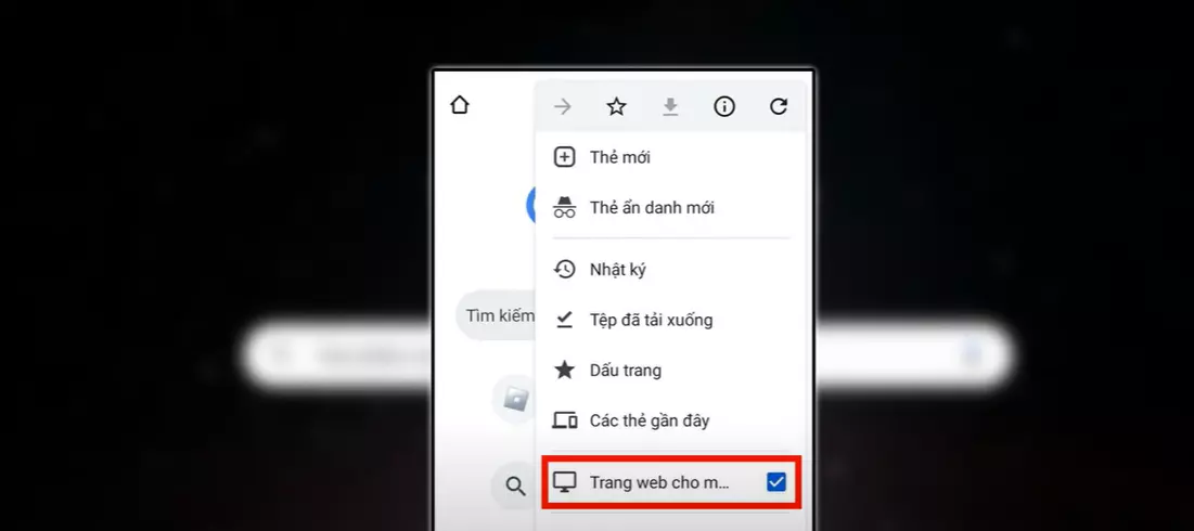 Chọn icon “ Trang wed cho máy tính” trên điện thoại